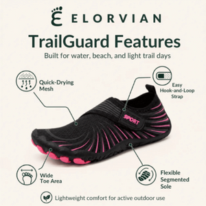 Black and pink TrailGuard water shoe feature guide with quick-drying mesh, secure strap, wide toe area, and flexible sole