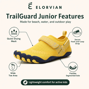 Yellow TrailGuard Junior feature guide with quick-drying mesh, secure strap, wide toe area, and flexible sole