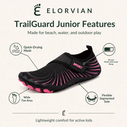 Black and pink TrailGuard Junior feature guide with quick-drying mesh, secure strap, wide toe area, and flexible sole