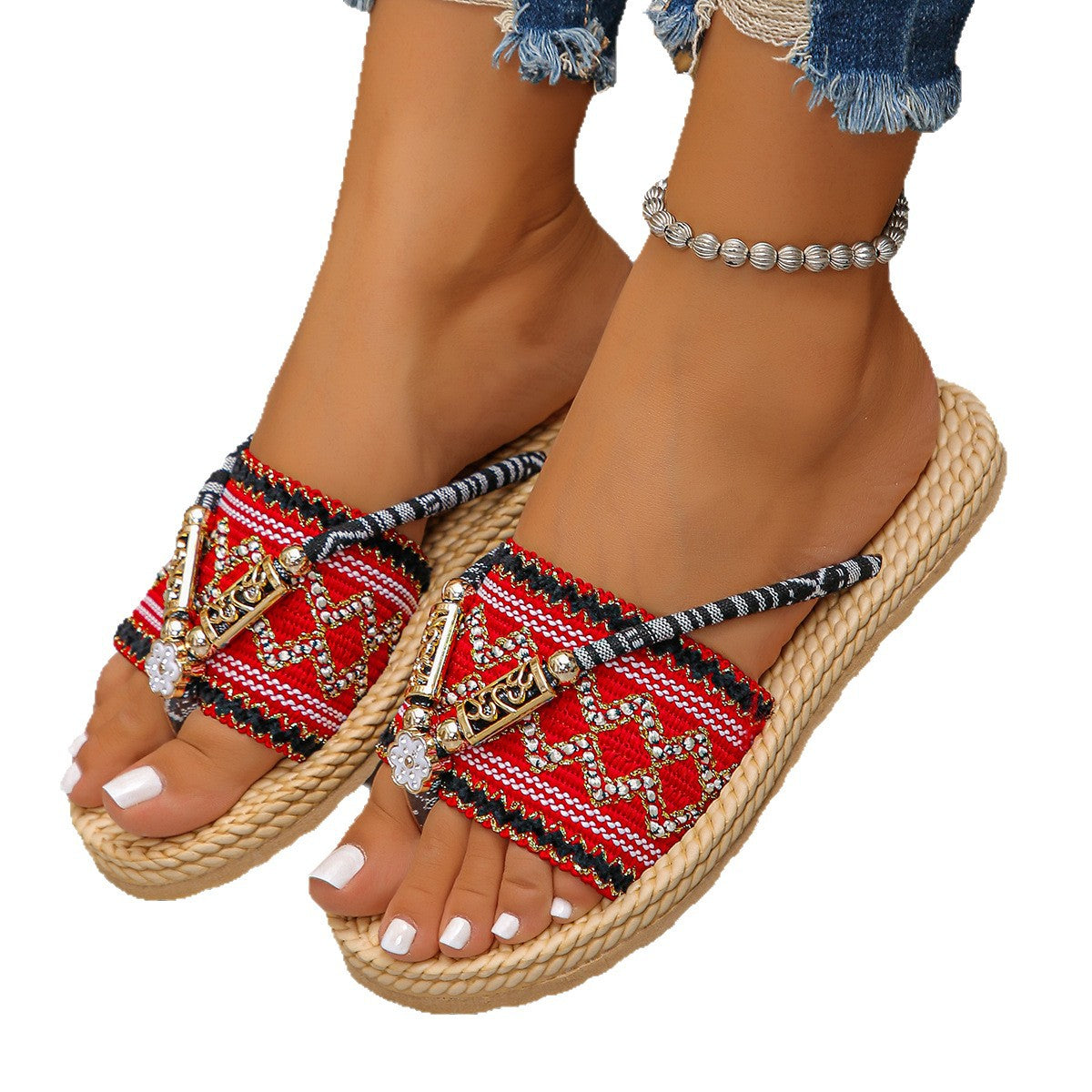 StrawBloom Straw Flower Bohemian Wedge Flip-Flops, product view 1