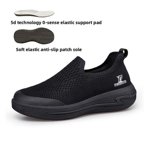 Black slip-on mesh athletic shoe with text callouts showing an elastic support pad and anti-slip sole patch, on a white background.