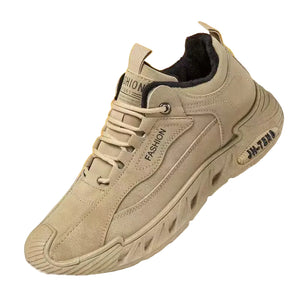 Beige sneaker with 'Fashion' text on a yellow background