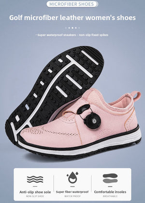 Pink golf microfiber leather women's shoes with a black and white sole, shown against a light blue-gray background with feature text and icons.