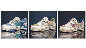 A collage showing three colorways of chunky platform sneakers at the top, and a lifestyle shot of a person wearing a blue and cream patterned version with black pants and a white Nike sock at the bottom.