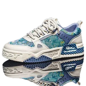 A pair of low-top sneakers with a white base and blue-green abstract patterned overlays, featuring chunky white and blue soles, shown on a reflective dark surface.