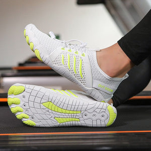 A pair of white minimalist running shoes with bright yellow-green accents, shown on a treadmill with one shoe being worn. The top of the image has a white banner with the text 'Model display model shows'.