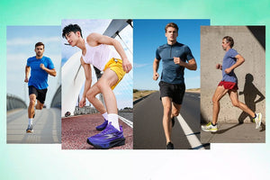 Promotional graphic for an ultra-light training partner, featuring four lifestyle photos of men jogging on bridges, roads, and outdoors, with text listing suitable scenarios including speed training, aerobic jogging, physical examination, and daily commute.