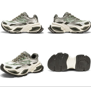 Four views of a chunky low-top sneaker shown on a white background: side profile, rear three-quarter view, angled side view, and sole view. The shoe has a mixed color palette of sage green, gray, off-white, and black, with a thick sculpted sole.