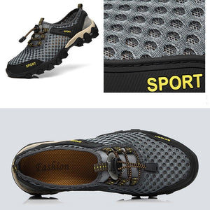 A pair of athletic mesh water shoes in gray and black with gold accents, shown from multiple angles with feature callouts including 'Delicate texture', 'Breathable dustproof mesh', and 'SPORT'.