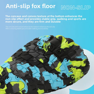 Anti-slip water shoe featuring a black, blue, and neon yellow camouflage pattern, with a close-up of the textured non-slip fox sole and a small product inset on a light blue background with white cloud shapes.