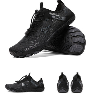 Black water sports shoes with textured patterns, shown in a main front-three-quarter view and two smaller inset views showing the side, heel, and back views on a white background.