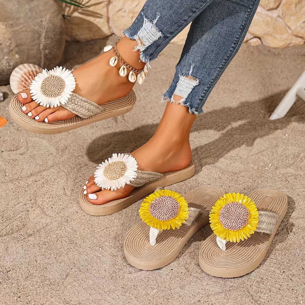 SunPetal Lightweight Sunflower Print Flip-Flops, product view 2