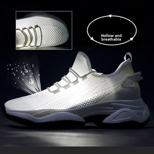 A white athletic sneaker shown on a dark background with feature callouts: a close-up inset of the side panel, a circular callout noting hollow and breathable construction, water droplets indicating waterproofing, and marketing text about height increasing shoes.