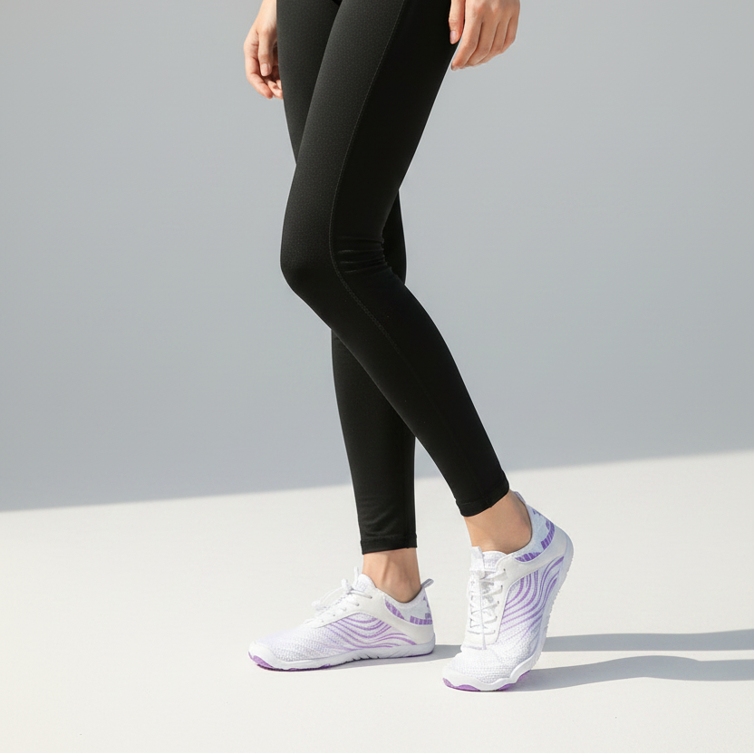 White and purple athletic shoes on a white background
