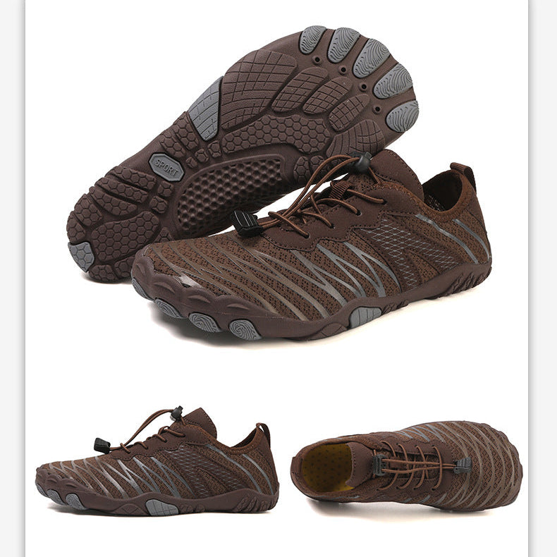 Brown shoes with unique sole design on a white background