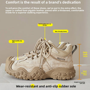 A beige and tan athletic sneaker with detailed feature callouts and text overlays on a neutral beige background.
