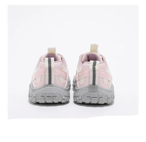 A pair of light pink and gray running shoes shown from the back, displayed on a clean white background with the text 'EASY TO BENO RUNNING SHOES' underneath.