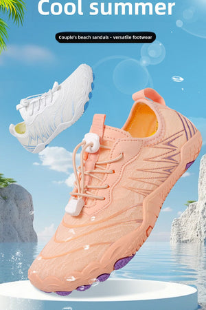 A peach-colored athletic water shoe floating above a blue water-and-rock background, with a second white shoe floating above it. Large text reads 'Cool summer' and smaller text says 'Couple's beach sandals - versatile footwear'.