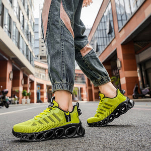 A person walking down a city street wearing bright neon yellow-green athletic sneakers with black sole details and distressed gray jeans. Large white text reading 'LEISURE' is overlaid across the center.