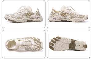 A pair of low-top athletic sneakers shown in a collage layout, with a large main view at the top and four smaller detail views below. The shoes are primarily off-white/cream with beige and light brown geometric pattern overlays and laces.