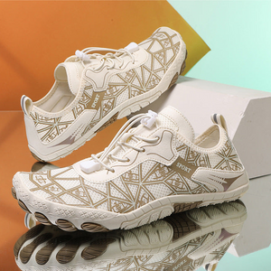 A pair of low-top athletic sneakers shown in a collage layout, with a large main view at the top and four smaller detail views below. The shoes are primarily off-white/cream with beige and light brown geometric pattern overlays and laces.