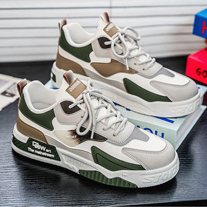 Pair of white and green sneakers on a magazine with text overlay.