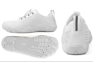 White low-top athletic sneakers shown from multiple angles, including side, front, sole, and back views, on a clean white background with a light blue decorative panel.