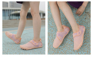 A side-by-side comparison showing a person wearing light pink mesh water shoes. The left panel shows the shoes being worn outdoors on a paved surface, and the right panel shows a close-up of the shoes worn while sitting on a textured blue surface.