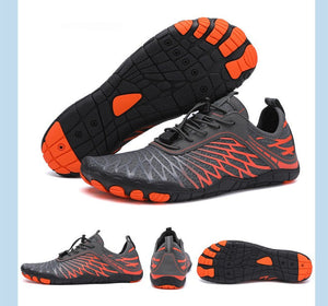 Gray and orange minimalist barefoot shoes shown from multiple angles, including a top view of the sole, a side profile, and three smaller views at the bottom. Text in the upper left reads 'Gray/orange 40-47 size'.