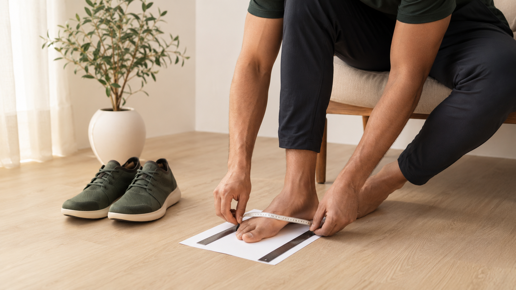 Measuring foot length and width at home with paper, ruler, and measuring tape