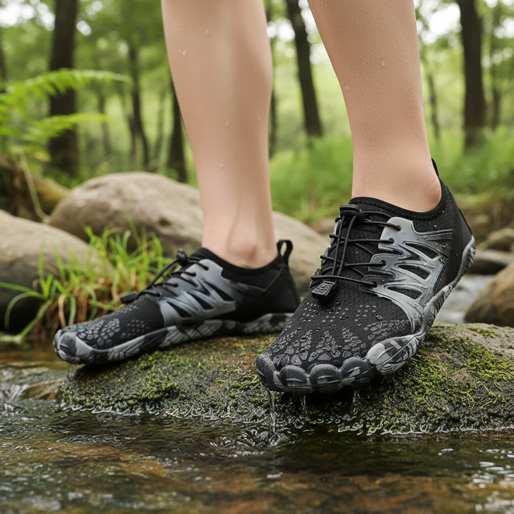 Black and gray water shoes with a textured grip, shown on a person's feet standing on mossy rocks in a shallow stream with a forest background.