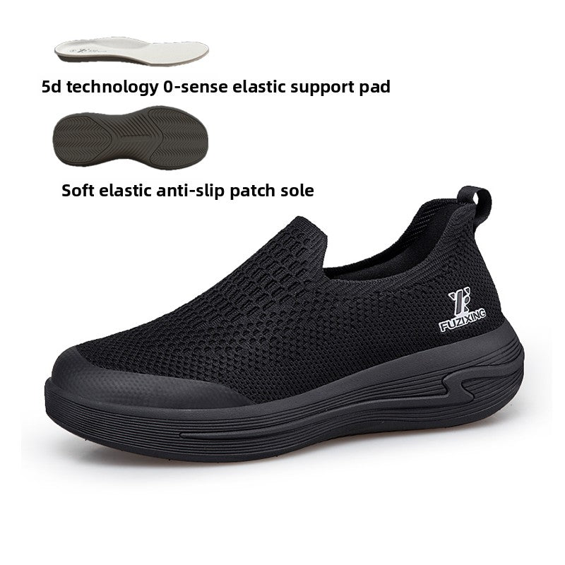 Black slip-on mesh athletic shoe with text callouts showing an elastic support pad and anti-slip sole patch, on a white background.
