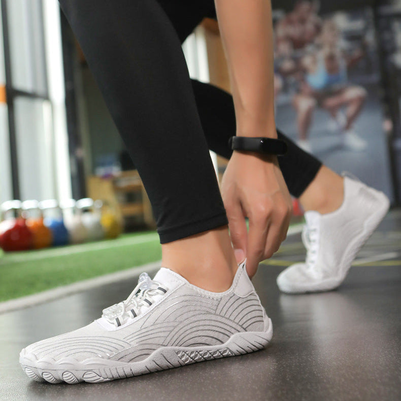A pair of white athletic sneakers shown on a person in a gym setting, with the top panel focusing on the shoe and the bottom panel showing the full foot wearing the sneaker.
