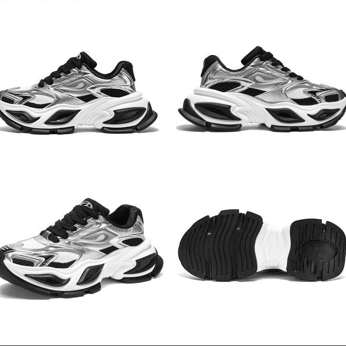 Four views of a chunky low-top sneaker on a white background: side profile, rear three-quarter view, angled side view, and sole view. The shoe has a glossy metallic silver upper with black and white layered details.