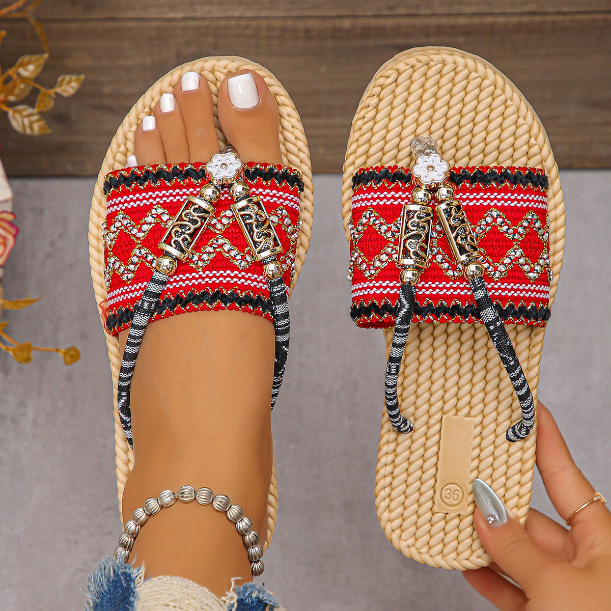 StrawBloom Straw Flower Bohemian Wedge Flip-Flops, product view 8