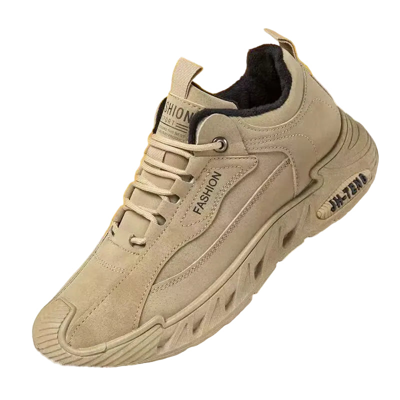 Beige sneaker with 'Fashion' text on a yellow background