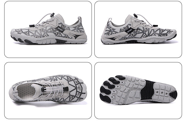 White athletic shoes with black sole design on a reflective surface with an orange and gray background.