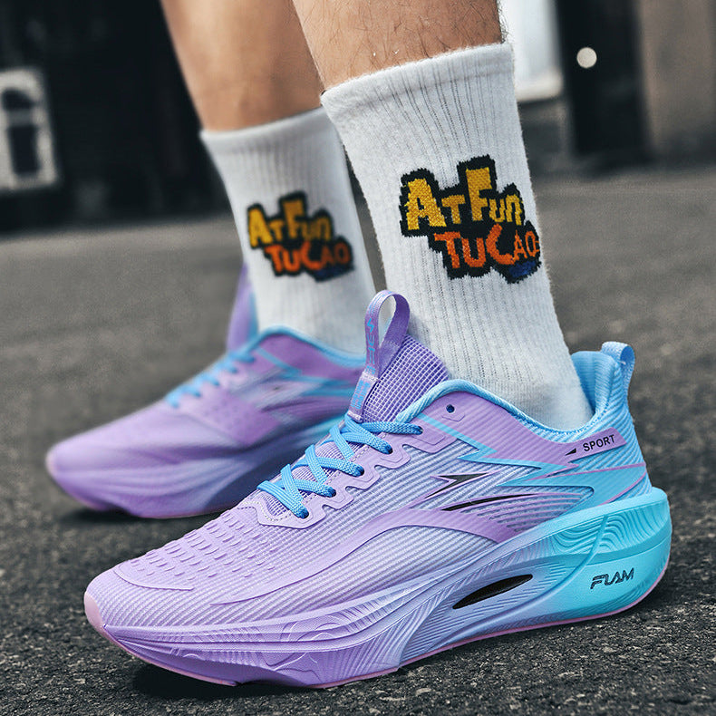 Purple running shoes with blue accents worn on a person's feet, on a blurred street background.