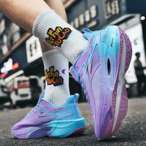 Purple and blue running shoes worn with white socks featuring a brand logo on a street background.