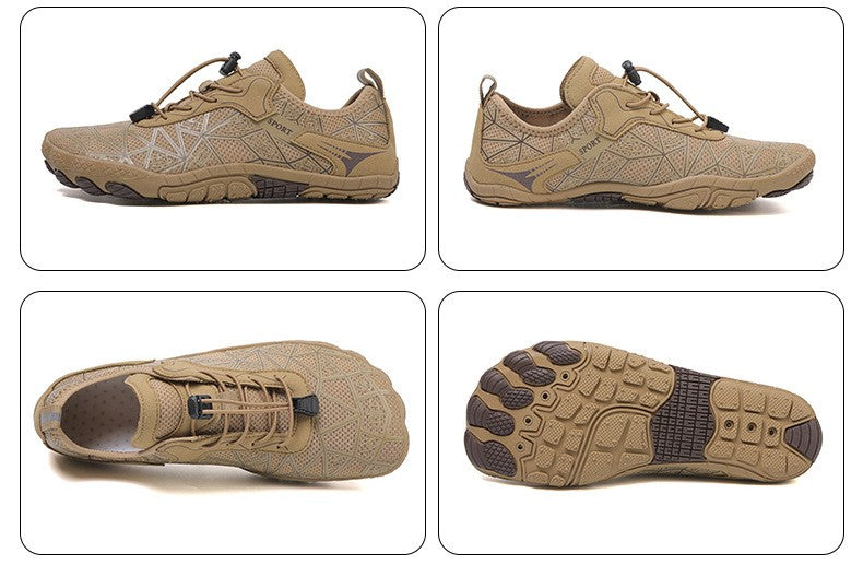 A pair of tan and brown five-toe athletic shoes shown in a collage, with the main image displaying the shoes from multiple angles including top, side, and sole views. The top features a black banner with the text 'WHITE SHOWS'.
