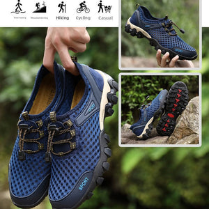 Blue mesh athletic shoes with dark soles and adjustable laces, shown in a collage with outdoor use examples including hiking, cycling, casual wear, and a hand holding a pair in a natural setting.
