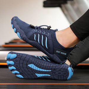 A pair of dark blue minimalist running shoes with bright blue accents, shown being worn on a treadmill in a gym setting. The top panel shows one foot stepping onto the treadmill, and the bottom panel shows both feet on the treadmill.