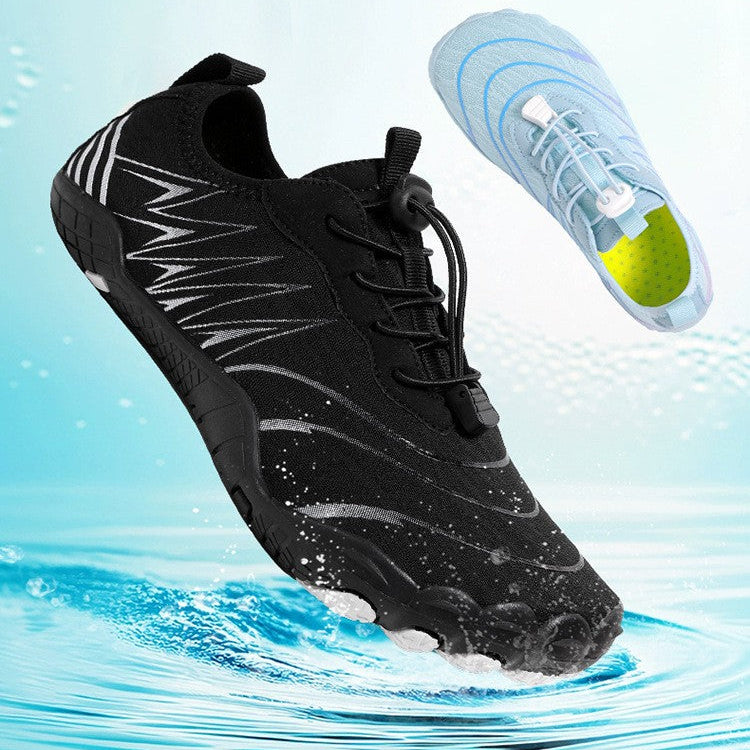 A black athletic shoe floating above water ripples, with marketing text at the top and a translucent inset showing a light blue insole with a yellow-green interior.