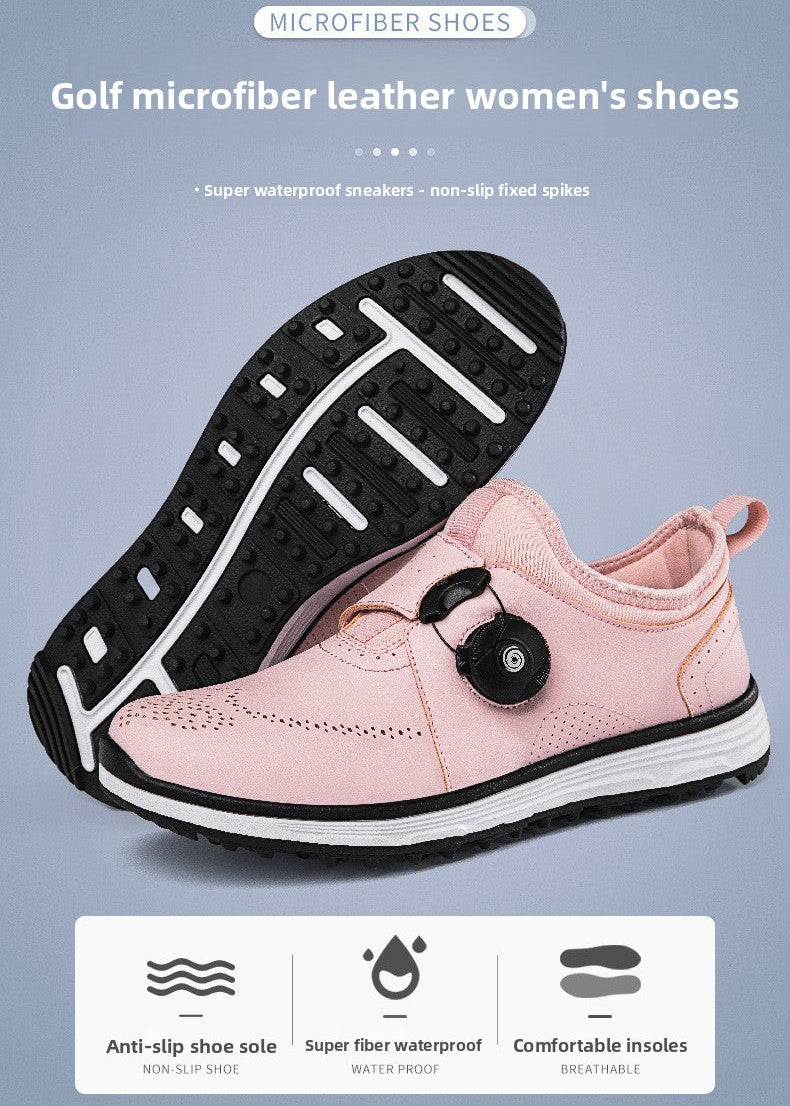 Pink golf microfiber leather women's shoes with a black and white sole, shown against a light blue-gray background with feature text and icons.