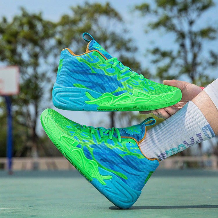 A pair of athletic sneakers in bright neon green and cyan blue, shown in a split-screen lifestyle image with a person holding them on an outdoor court.