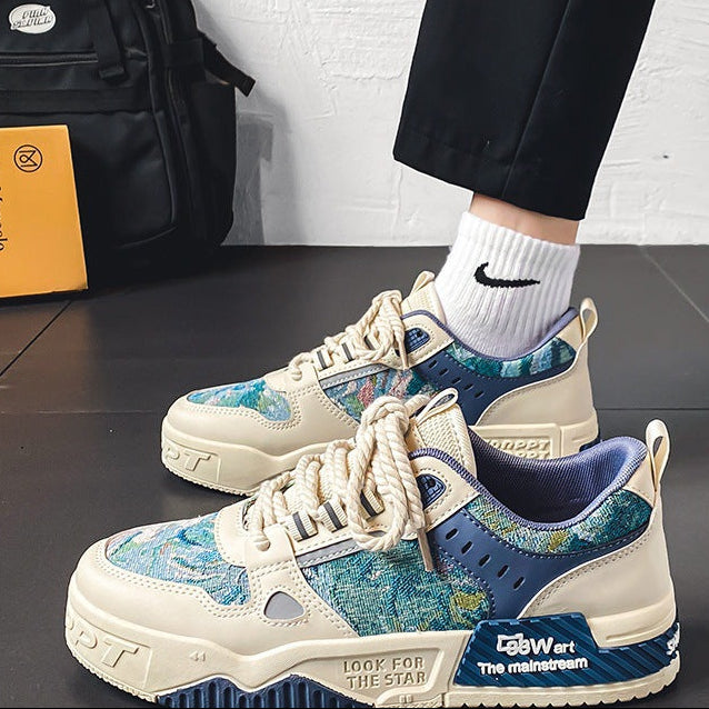 A collage showing three colorways of chunky platform sneakers at the top, and a lifestyle shot of a person wearing a blue and cream patterned version with black pants and a white Nike sock at the bottom.