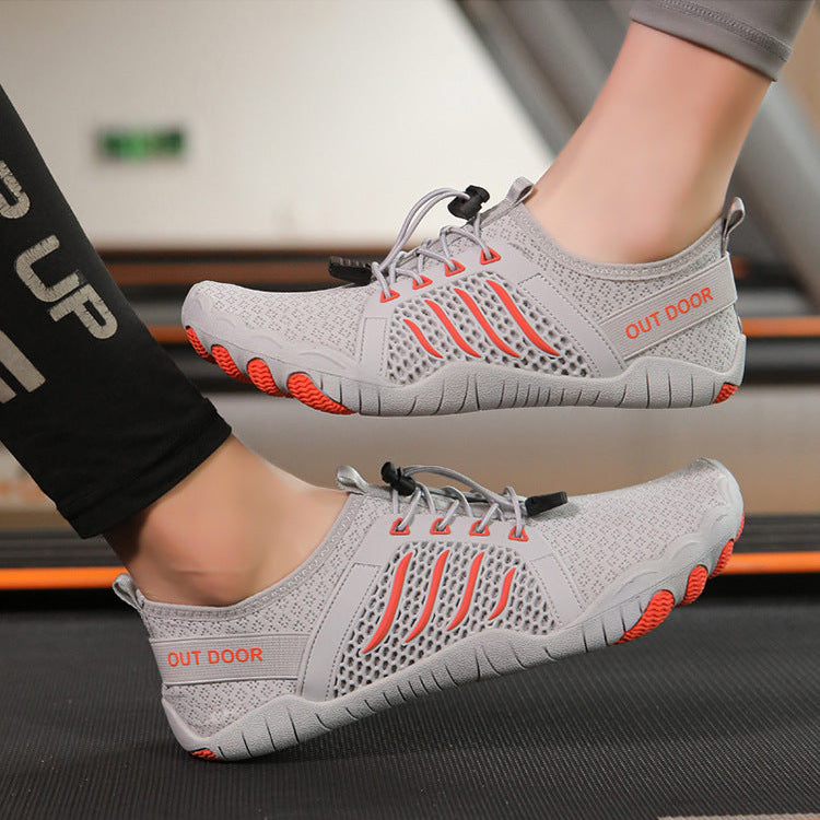 A two-panel lifestyle image showing gray knit athletic sneakers with orange accents. The top panel shows a close-up of a person's foot wearing the shoe on a treadmill, while the bottom panel shows a couple exercising together on treadmills.