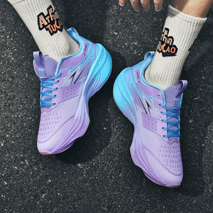 Purple and blue athletic shoes worn with white socks featuring text on a dark surface.