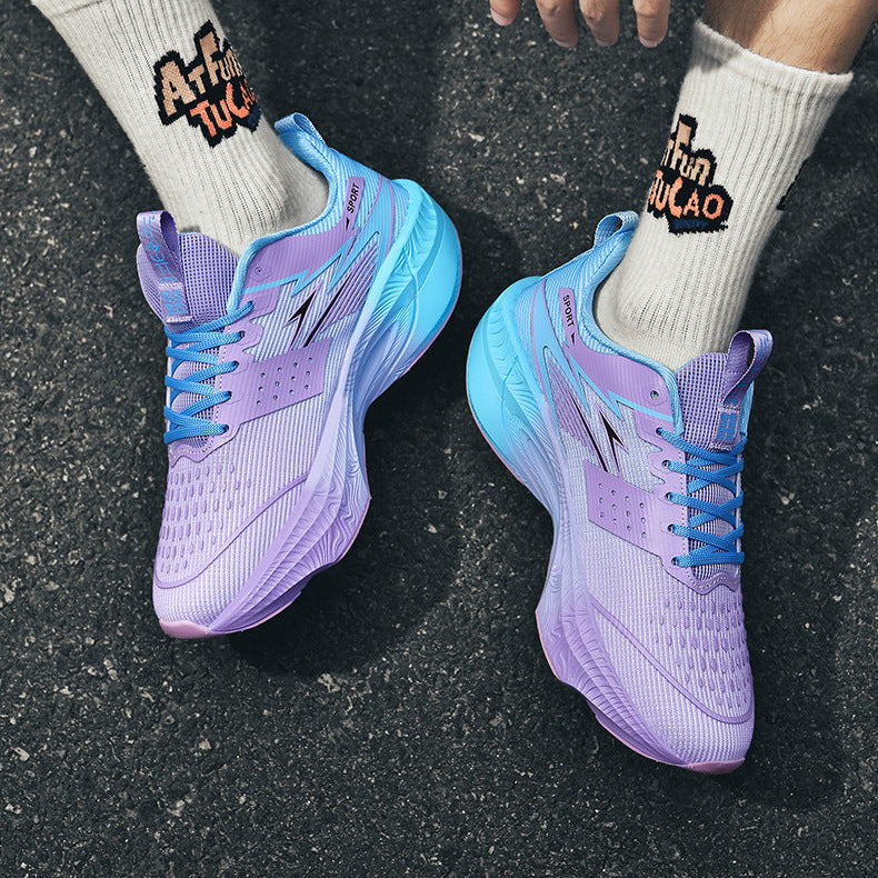 Purple and blue athletic shoes worn with white socks featuring text on a dark surface.