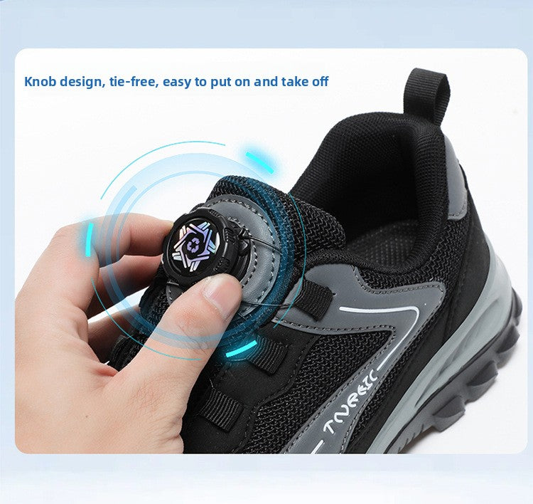 A close-up of a black and gray athletic shoe being held by a hand to demonstrate a twist-lock closure. Blue graphic rings and the text 'Knob design, tie-free, easy to put on and take off' explain the feature.